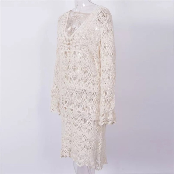 SOLD OUT Cream Crochet Boho Swim Beach Coverup Tunic Dress - Picture 6 of 6